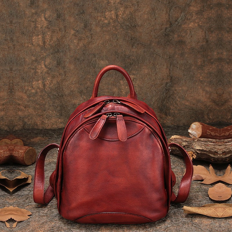 Klassischer Kaffee-Leder-Rucksack für Damen, Kompakter Leder-Rucksack, Damen-Rucksacktasche