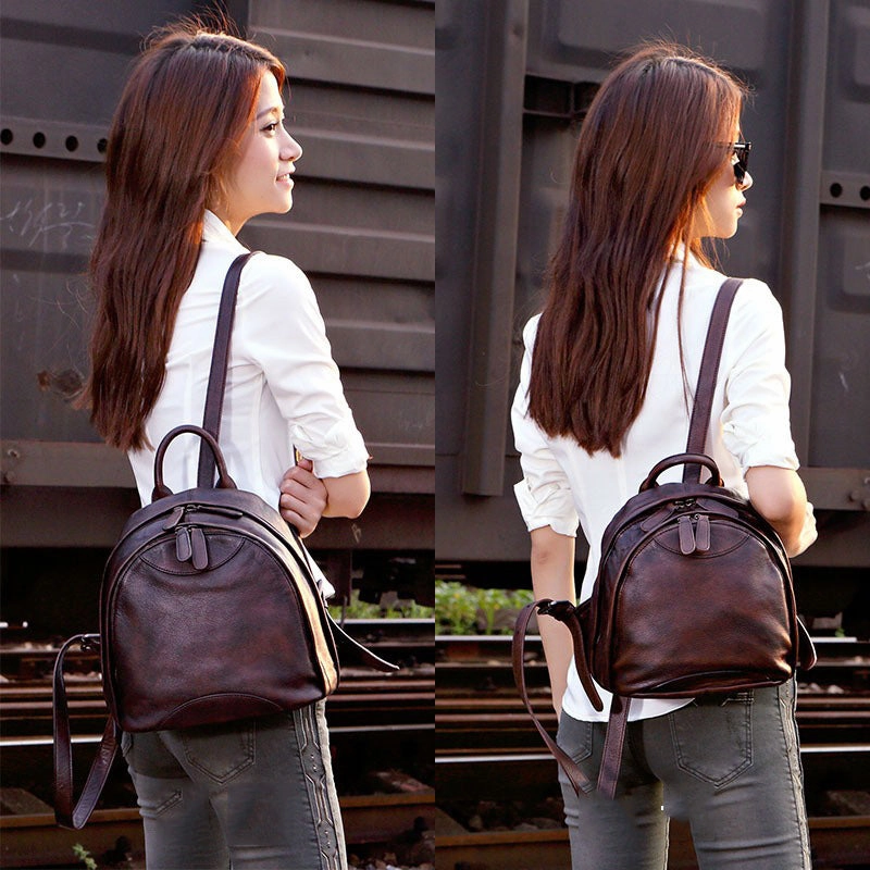 Klassischer Kaffee-Leder-Rucksack für Damen, Kompakter Leder-Rucksack, Damen-Rucksacktasche
