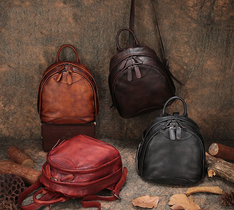 Klassischer Kaffee-Leder-Rucksack für Damen, Kompakter Leder-Rucksack, Damen-Rucksacktasche