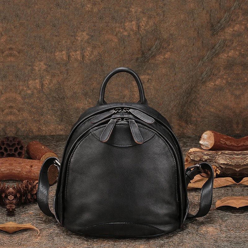Klassischer Kaffee-Leder-Rucksack für Damen, Kompakter Leder-Rucksack, Damen-Rucksacktasche
