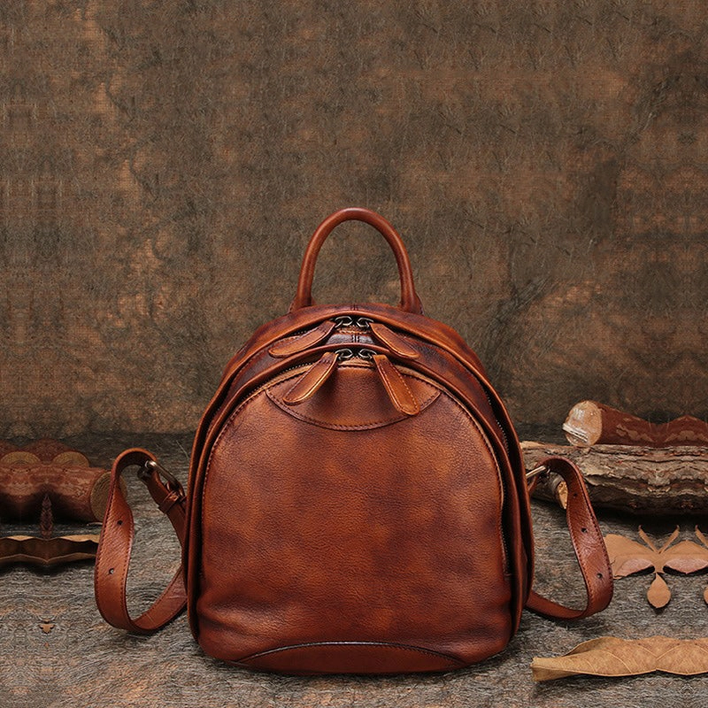 Klassischer Kaffee-Leder-Rucksack für Damen, Kompakter Leder-Rucksack, Damen-Rucksacktasche