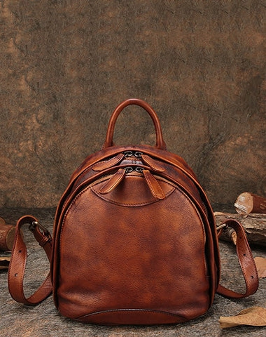 Klassischer Kaffee-Leder-Rucksack für Damen, Kompakter Leder-Rucksack, Damen-Rucksacktasche