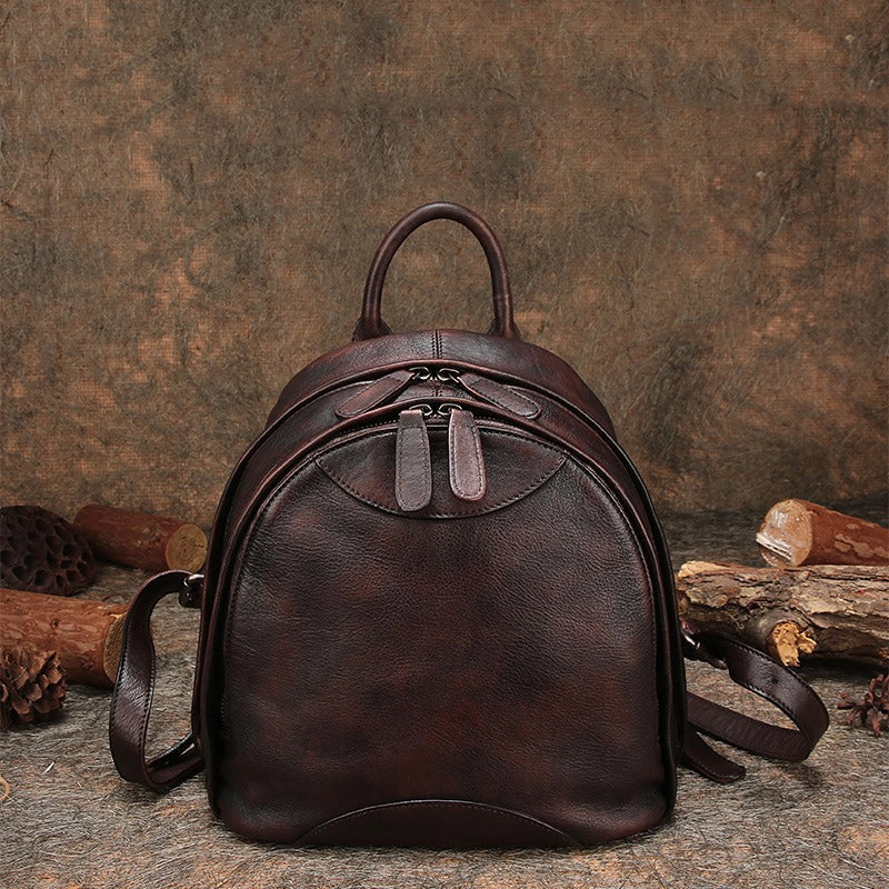 Klassischer Kaffee-Leder-Rucksack für Damen, Kompakter Leder-Rucksack, Damen-Rucksacktasche
