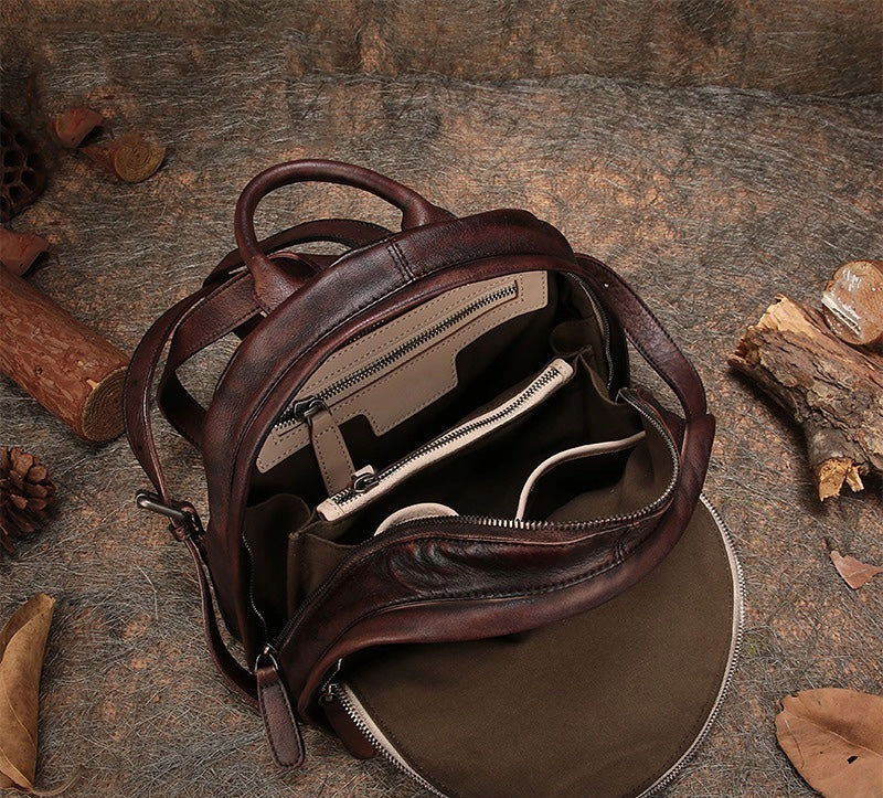 Klassischer Kaffee-Leder-Rucksack für Damen, Kompakter Leder-Rucksack, Damen-Rucksacktasche