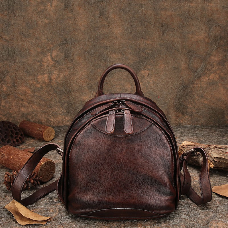 Klassischer Kaffee-Leder-Rucksack für Damen, Kompakter Leder-Rucksack, Damen-Rucksacktasche