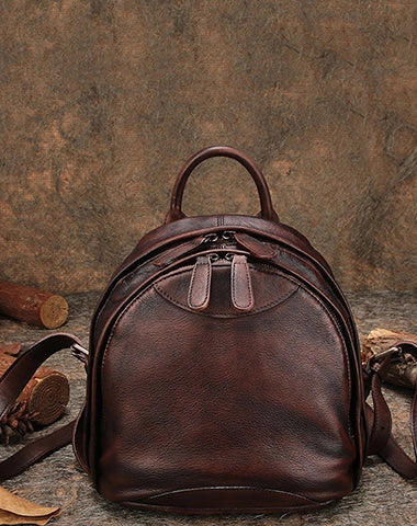 Klassischer Kaffee-Leder-Rucksack für Damen, Kompakter Leder-Rucksack, Damen-Rucksacktasche