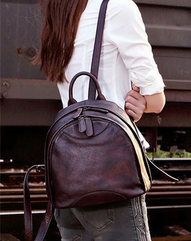 Klassischer Kaffee-Leder-Rucksack für Damen, Kompakter Leder-Rucksack, Damen-Rucksacktasche