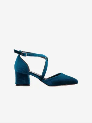 Dolly Vegan Velvet Block Absätze | Petrolblau