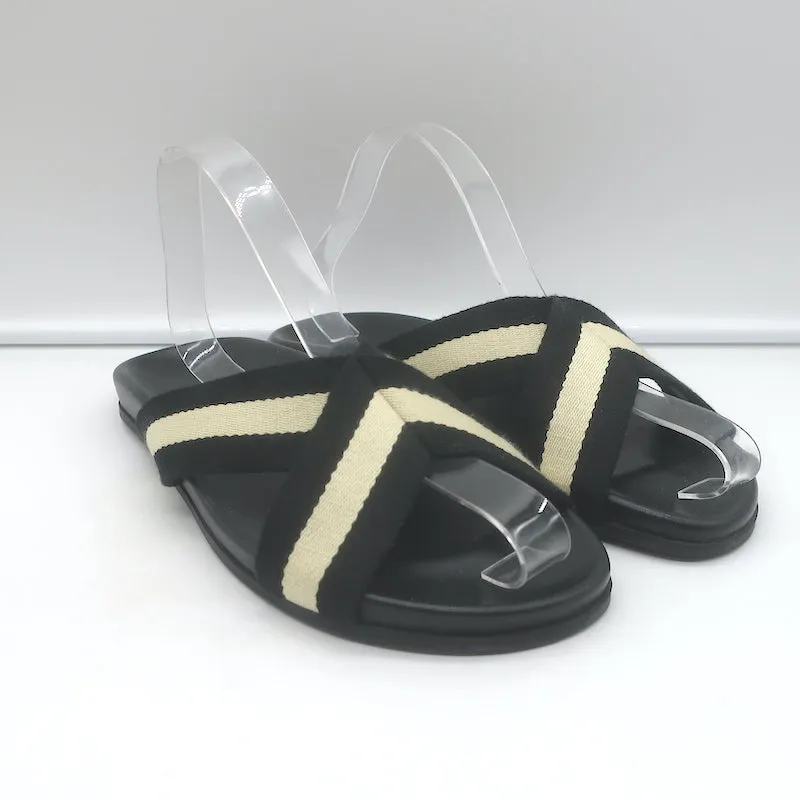 Jenni Kayne Gestreifte Canvas Crossover Sandalen Schwarz/Creme Größe 40 Flache Slides