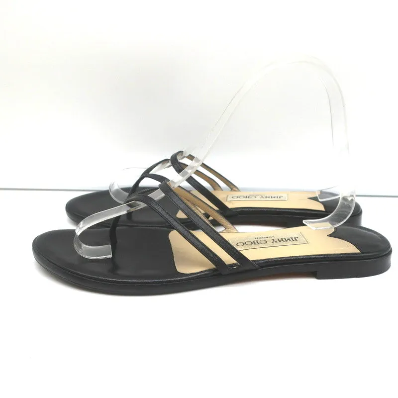 Jimmy Choo Flache Badelatschen Sandalen Schwarz Leder Größe 38.5