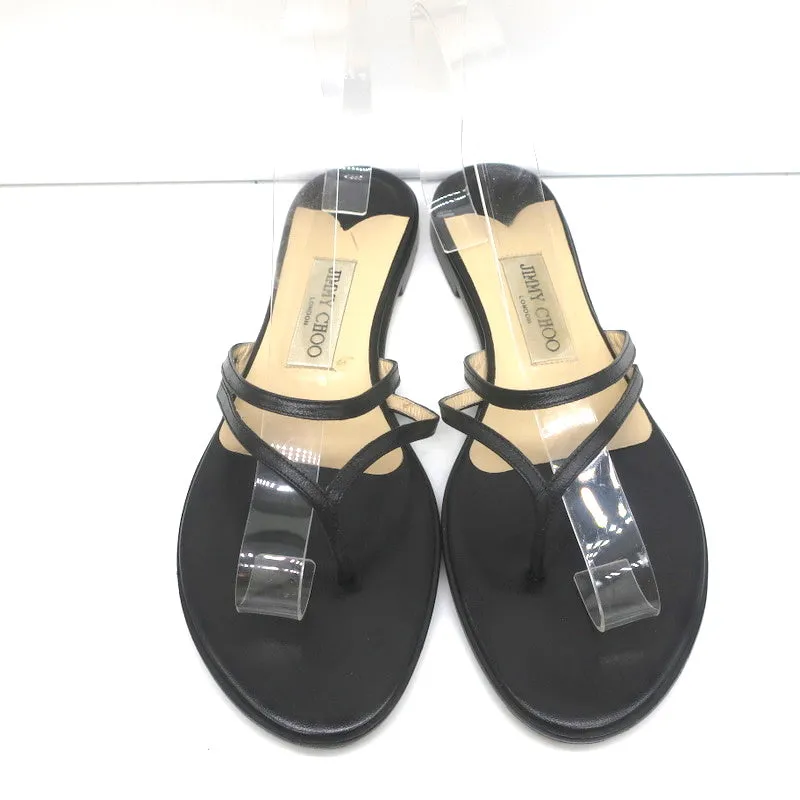 Jimmy Choo Flache Badelatschen Sandalen Schwarz Leder Größe 38.5
