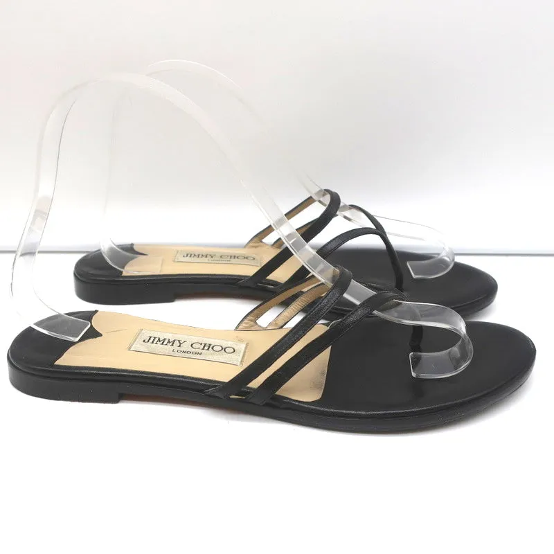 Jimmy Choo Flache Badelatschen Sandalen Schwarz Leder Größe 38.5