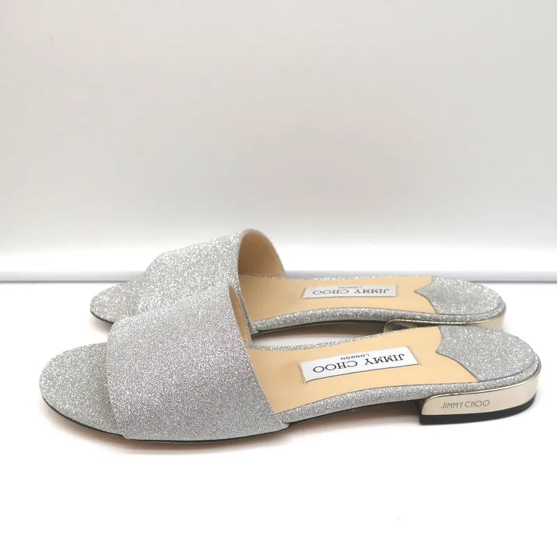Jimmy Choo Joni Flache Slide-Sandalen Silber Glitzer Größe 37.5 NEU
