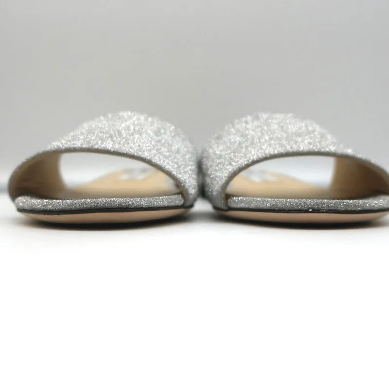 Jimmy Choo Joni Flache Slide-Sandalen Silber Glitzer Größe 37.5 NEU