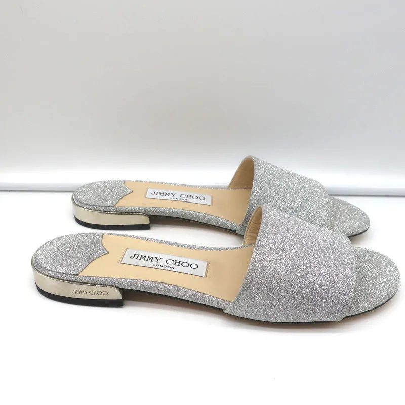 Jimmy Choo Joni Flache Slide-Sandalen Silber Glitzer Größe 37.5 NEU
