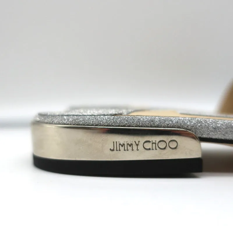 Jimmy Choo Joni Flache Slide-Sandalen Silber Glitzer Größe 37.5 NEU