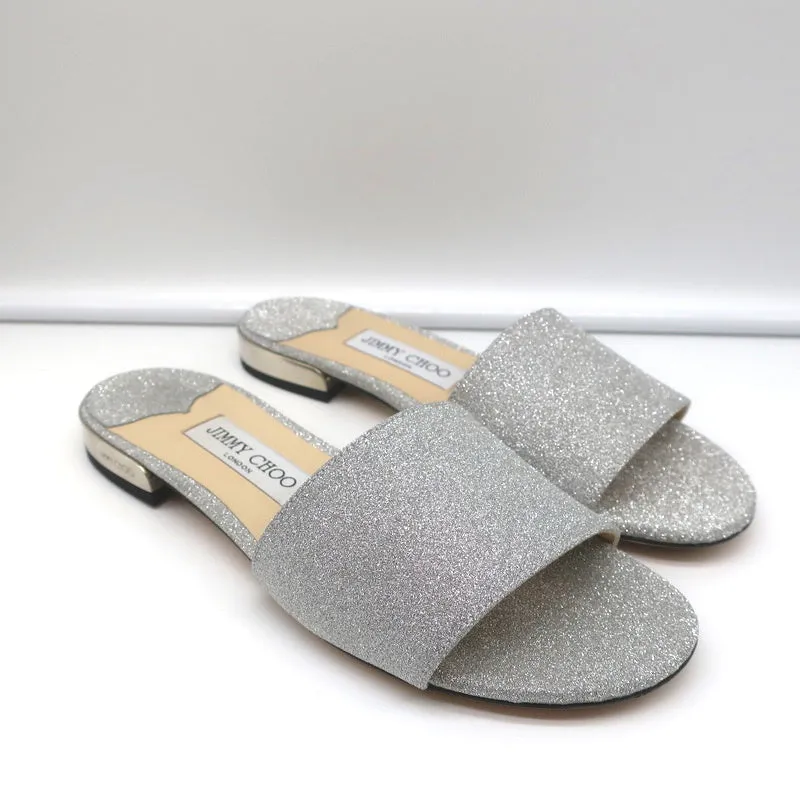 Jimmy Choo Joni Flache Slide-Sandalen Silber Glitzer Größe 37.5 NEU