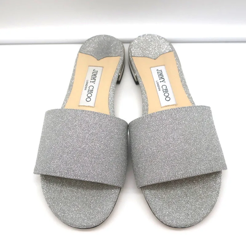 Jimmy Choo Joni Flache Slide-Sandalen Silber Glitzer Größe 37.5 NEU