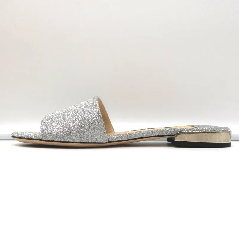 Jimmy Choo Joni Flache Slide-Sandalen Silber Glitzer Größe 37.5 NEU
