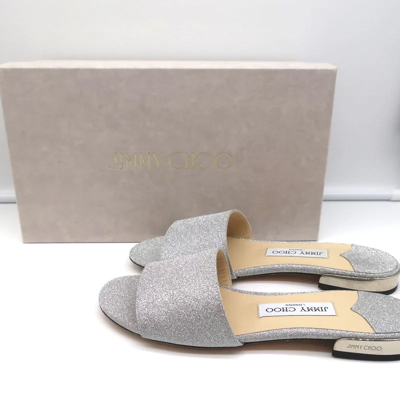 Jimmy Choo Joni Flache Slide-Sandalen Silber Glitzer Größe 37.5 NEU