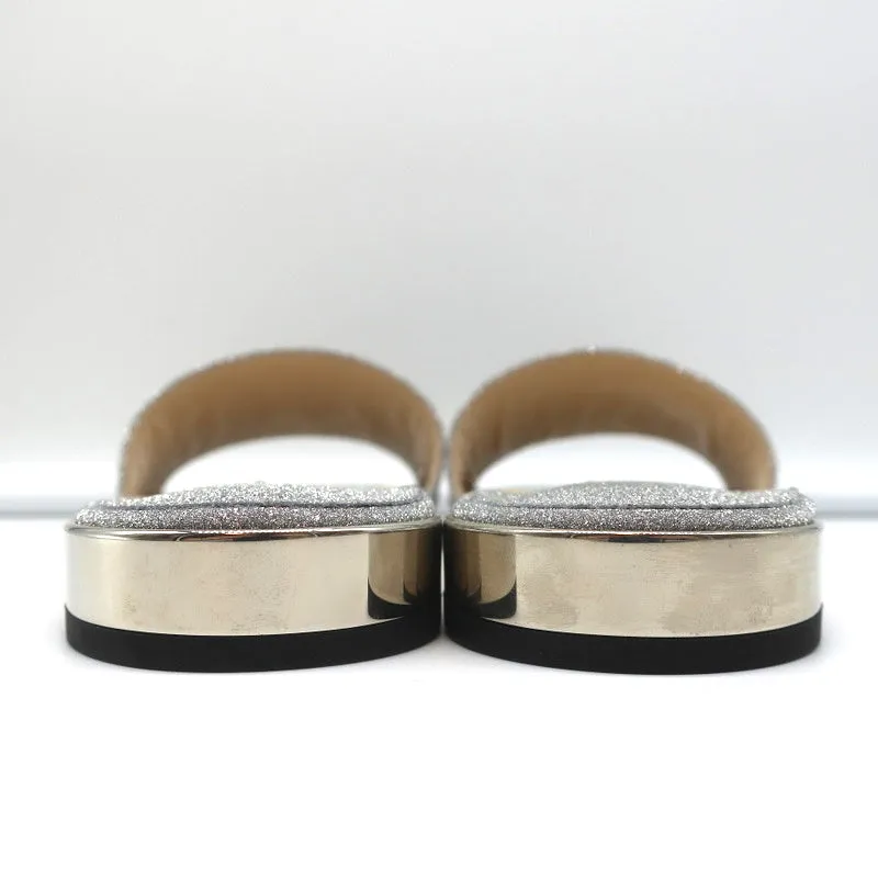 Jimmy Choo Joni Flache Slide-Sandalen Silber Glitzer Größe 37.5 NEU