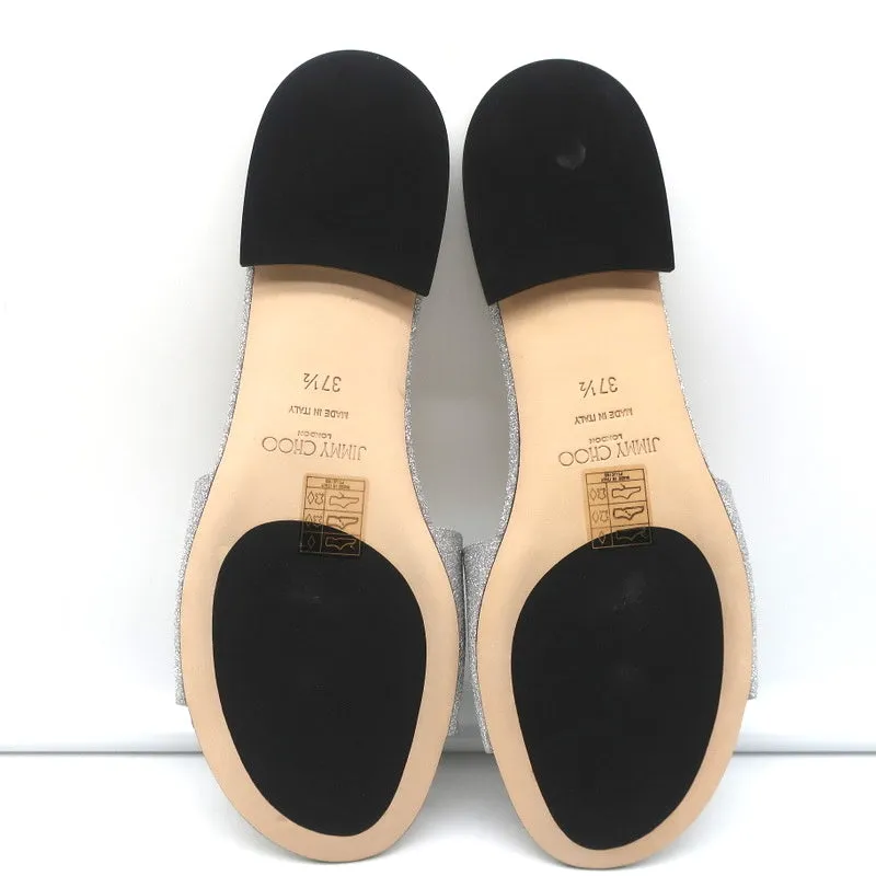 Jimmy Choo Joni Flache Slide-Sandalen Silber Glitzer Größe 37.5 NEU