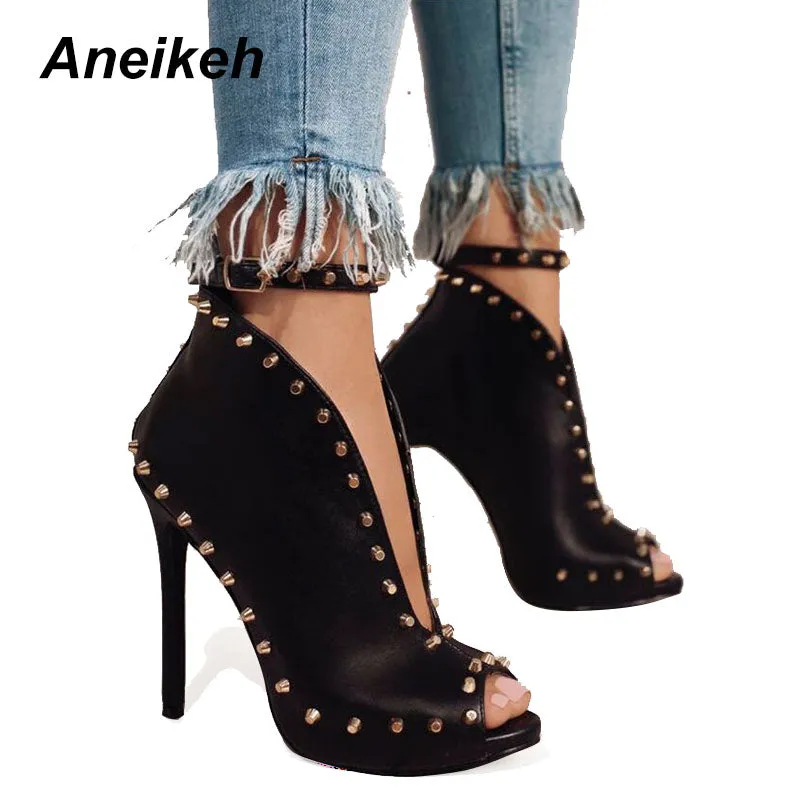 NEUE Herbst Damenschuhe 2018 Peeptoe Pumps High Heels Damenschuhe Stiefeletten Nieten Schnalle Motorrad Damen Pumps Aneikeh Fashion Nova Schuhe