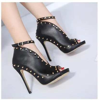 NEUE Herbst Damenschuhe 2018 Peeptoe Pumps High Heels Damenschuhe Stiefeletten Nieten Schnalle Motorrad Damen Pumps Aneikeh Fashion Nova Schuhe