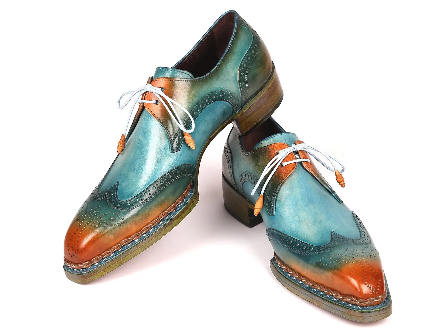 Paul Parkman Schuhe Paul Parkman Norwegische genähte Wingtip Derby Schuhe in Türkis & Tabak