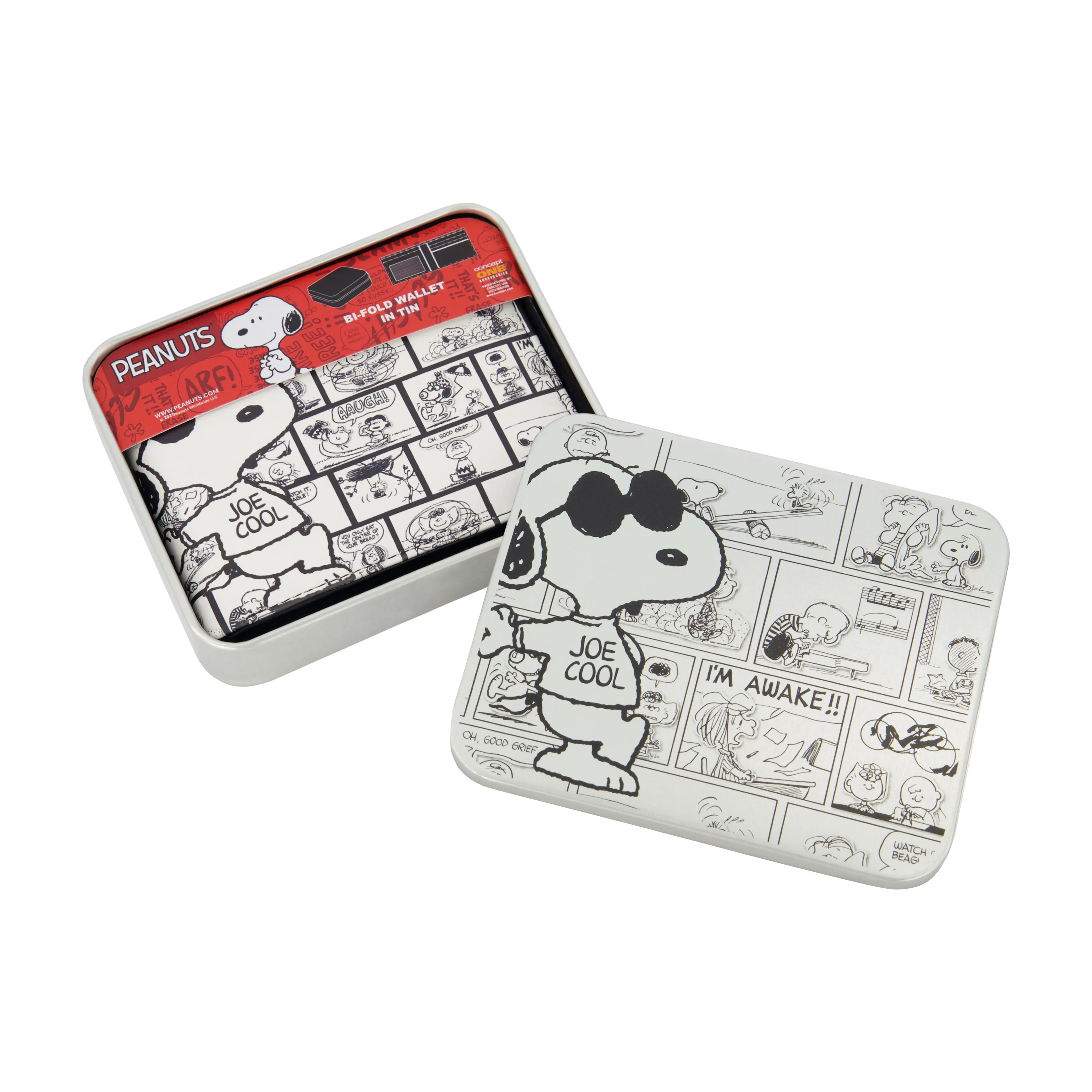 PEANUTS JOE COOL COMIC AOP Brieftasche mit zwei Fächern, schlanke Brieftasche mit dekorativer Dose für Herren und Damen, ecco Schuhe