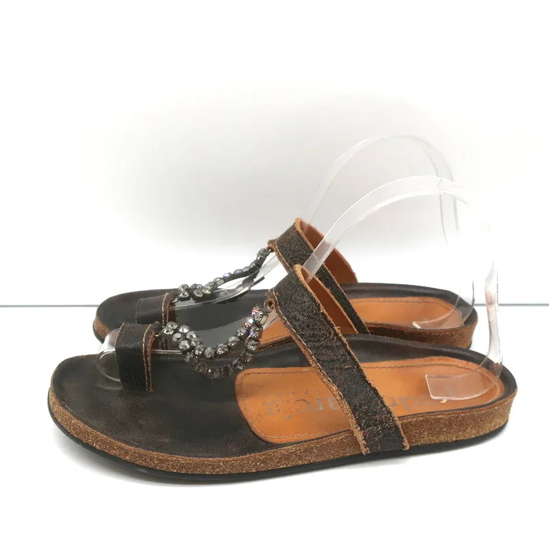 Pedro Garcia Kristall T-Riemchen Sandalen Dunkelbraun Leder Größe 37 Zehenring Slides