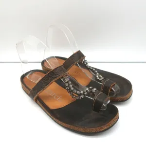 Pedro Garcia Kristall T-Riemchen Sandalen Dunkelbraun Leder Größe 37 Zehenring Slides