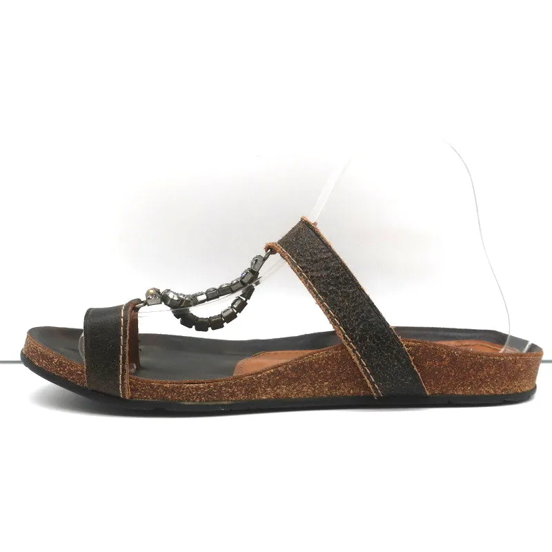Pedro Garcia Kristall T-Riemchen Sandalen Dunkelbraun Leder Größe 37 Zehenring Slides