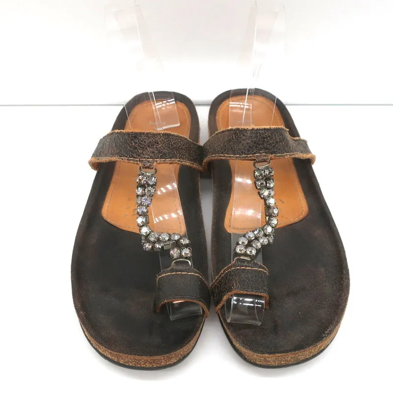 Pedro Garcia Kristall T-Riemchen Sandalen Dunkelbraun Leder Größe 37 Zehenring Slides