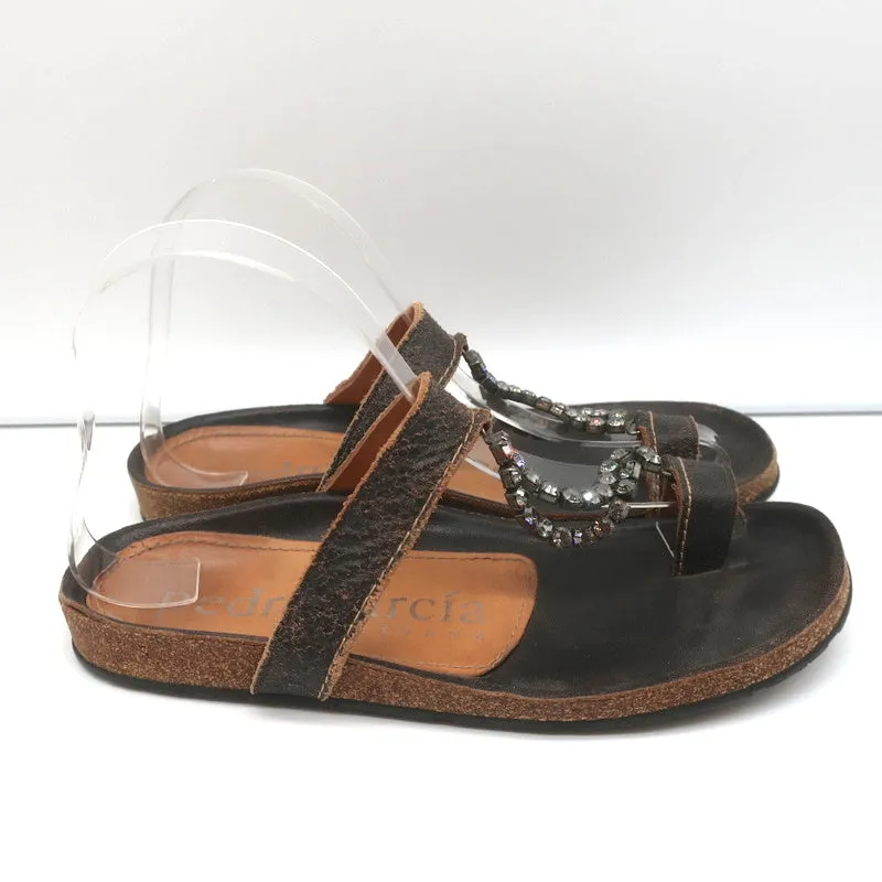 Pedro Garcia Kristall T-Riemchen Sandalen Dunkelbraun Leder Größe 37 Zehenring Slides