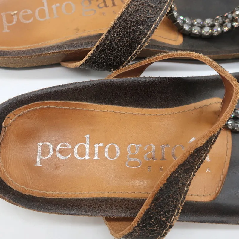 Pedro Garcia Kristall T-Riemchen Sandalen Dunkelbraun Leder Größe 37 Zehenring Slides