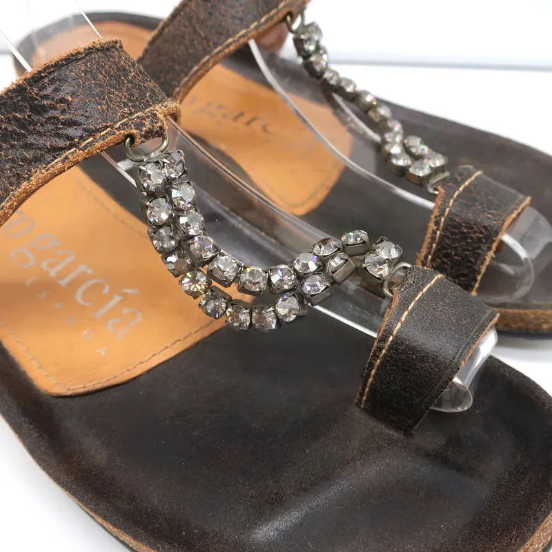 Pedro Garcia Kristall T-Riemchen Sandalen Dunkelbraun Leder Größe 37 Zehenring Slides