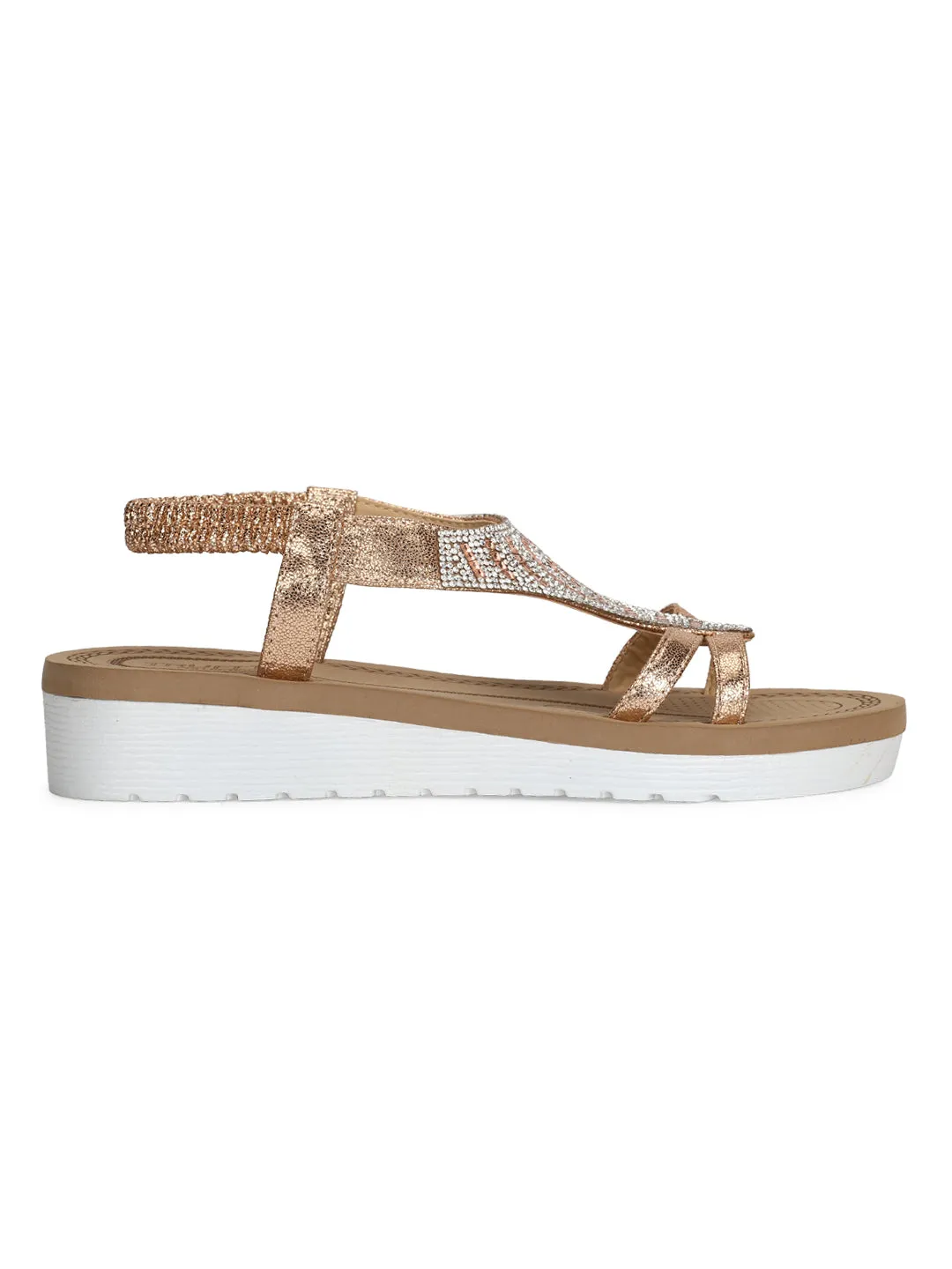 Roségoldene Metallic-Sandalen mit Diamantbesatz und Doppelriemen