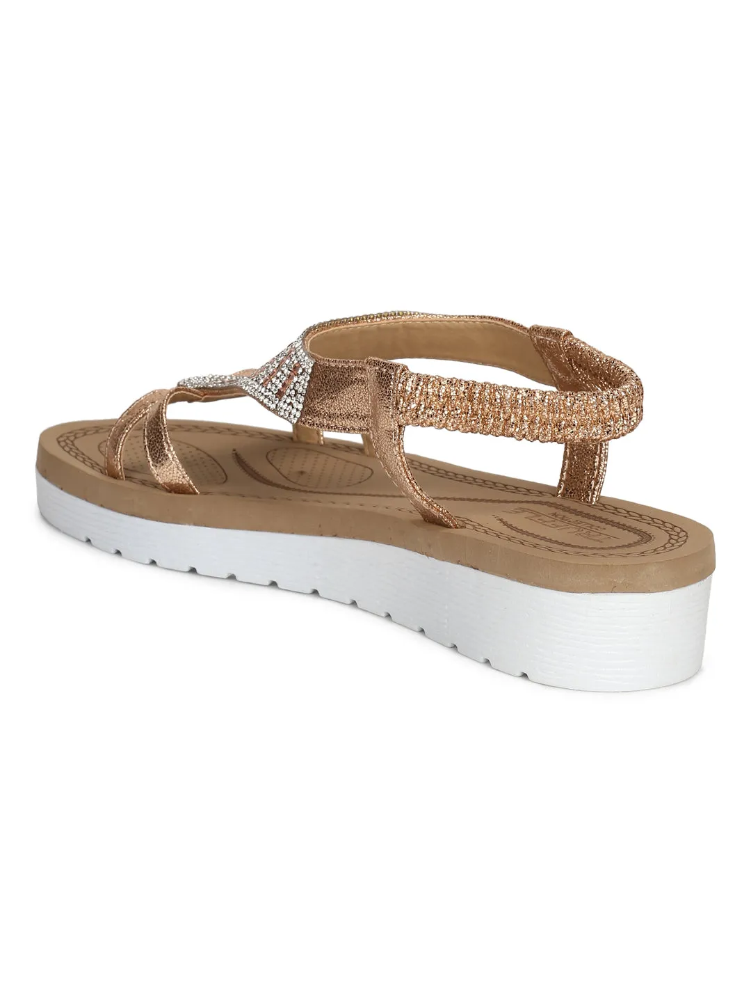 Roségoldene Metallic-Sandalen mit Diamantbesatz und Doppelriemen