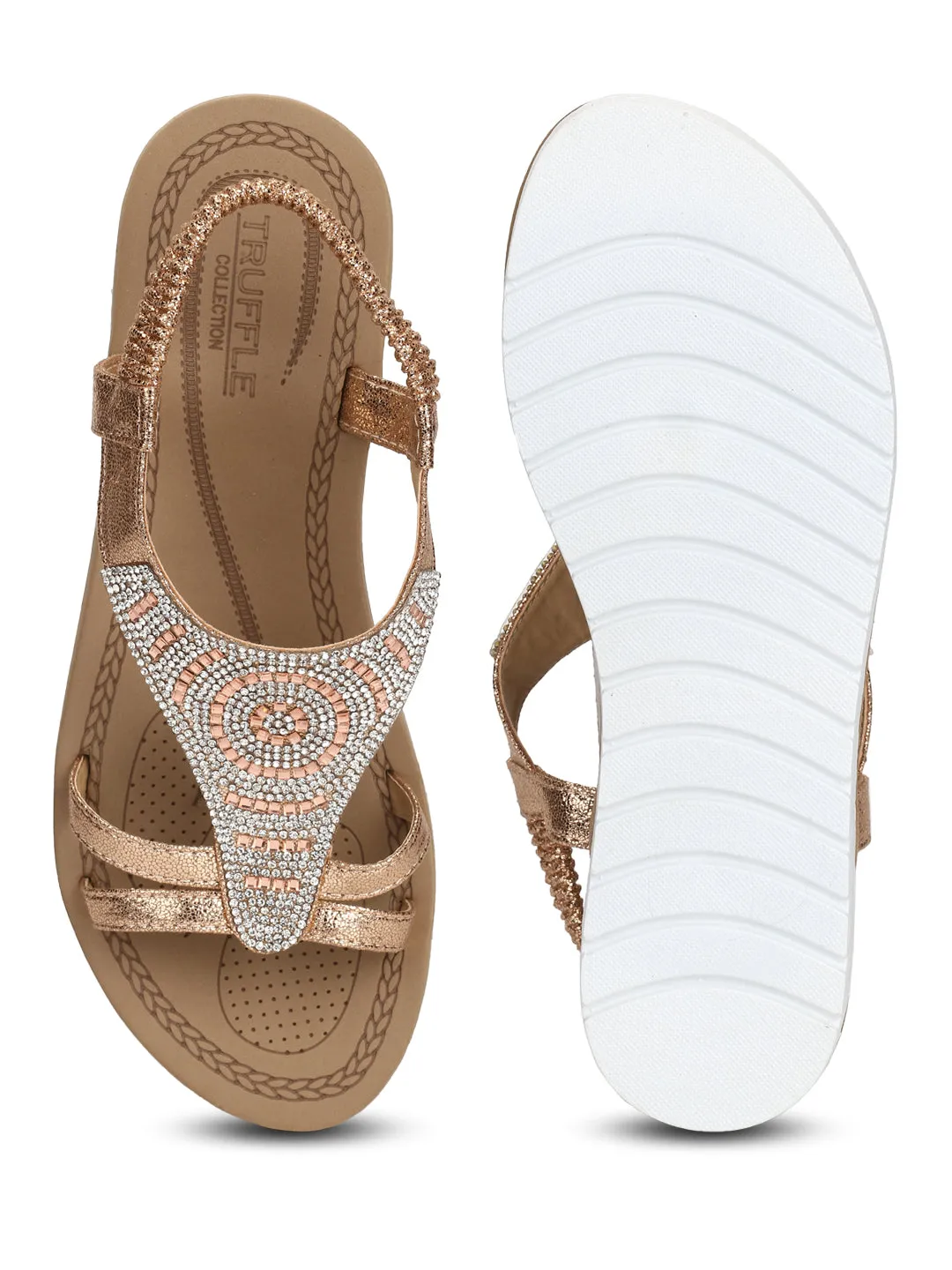 Roségoldene Metallic-Sandalen mit Diamantbesatz und Doppelriemen