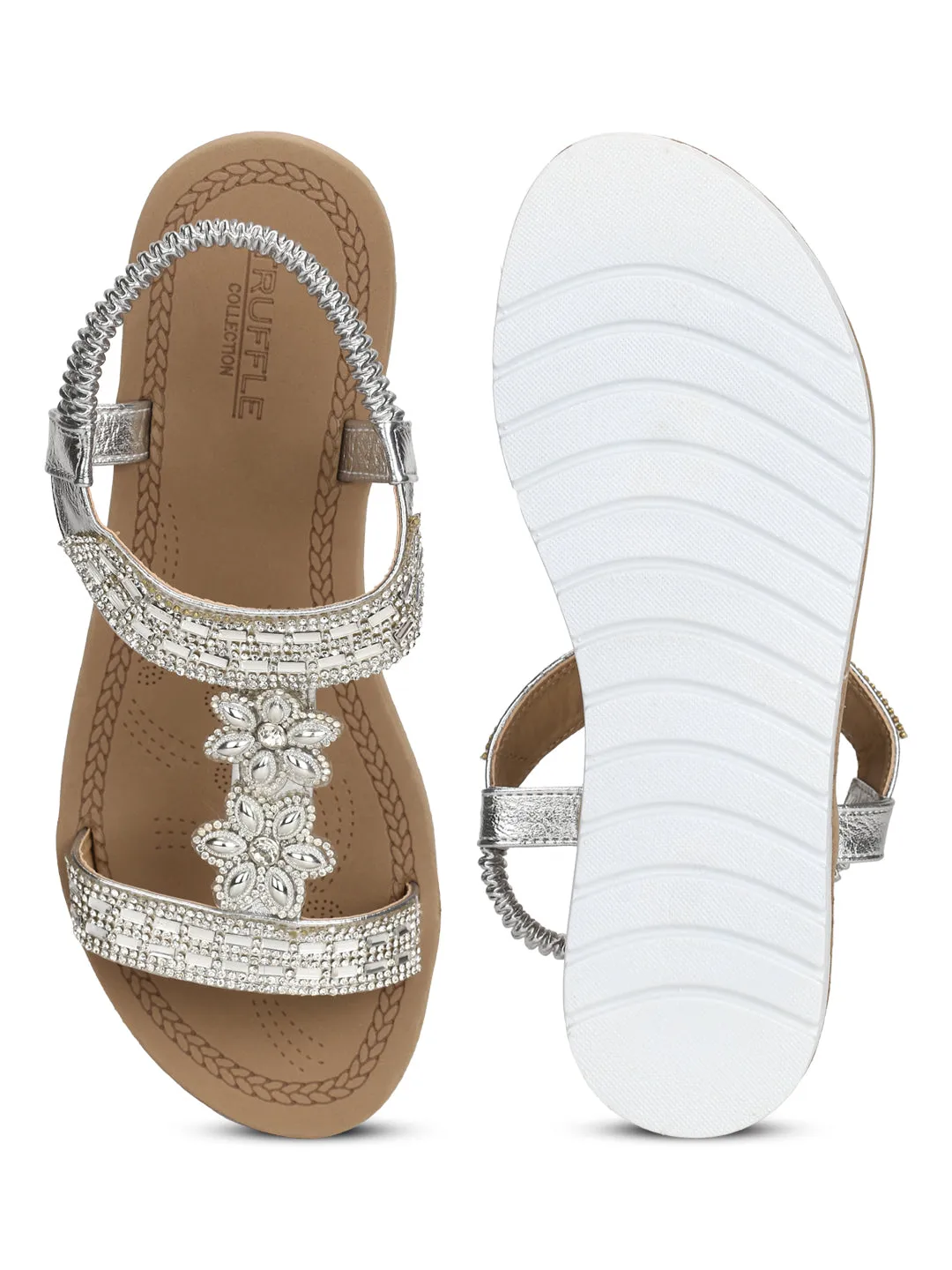 Silberfarbene Metallic-Diamante-Plattform-Slip-On-Sandalen