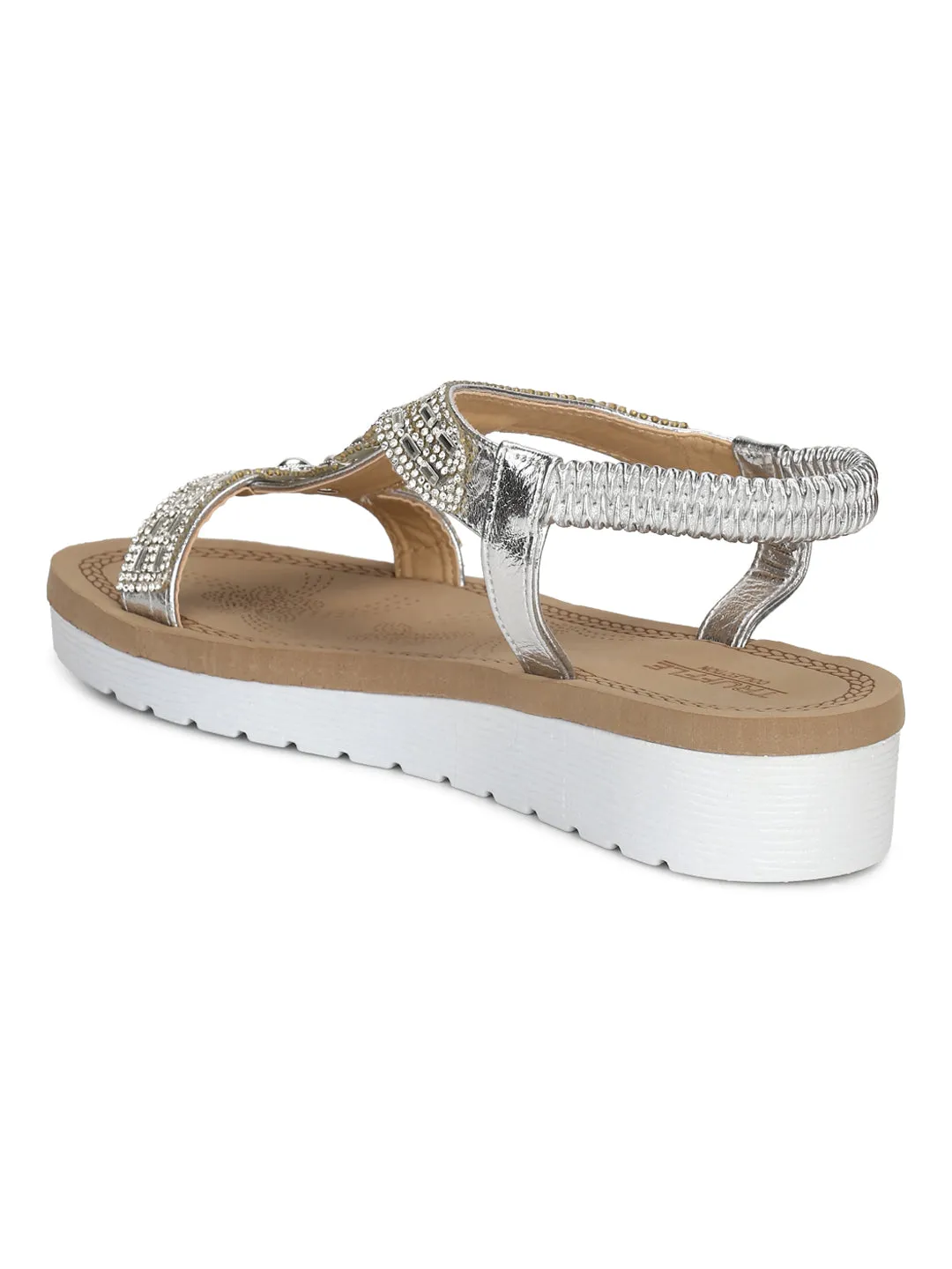 Silberfarbene Metallic-Diamante-Plattform-Slip-On-Sandalen