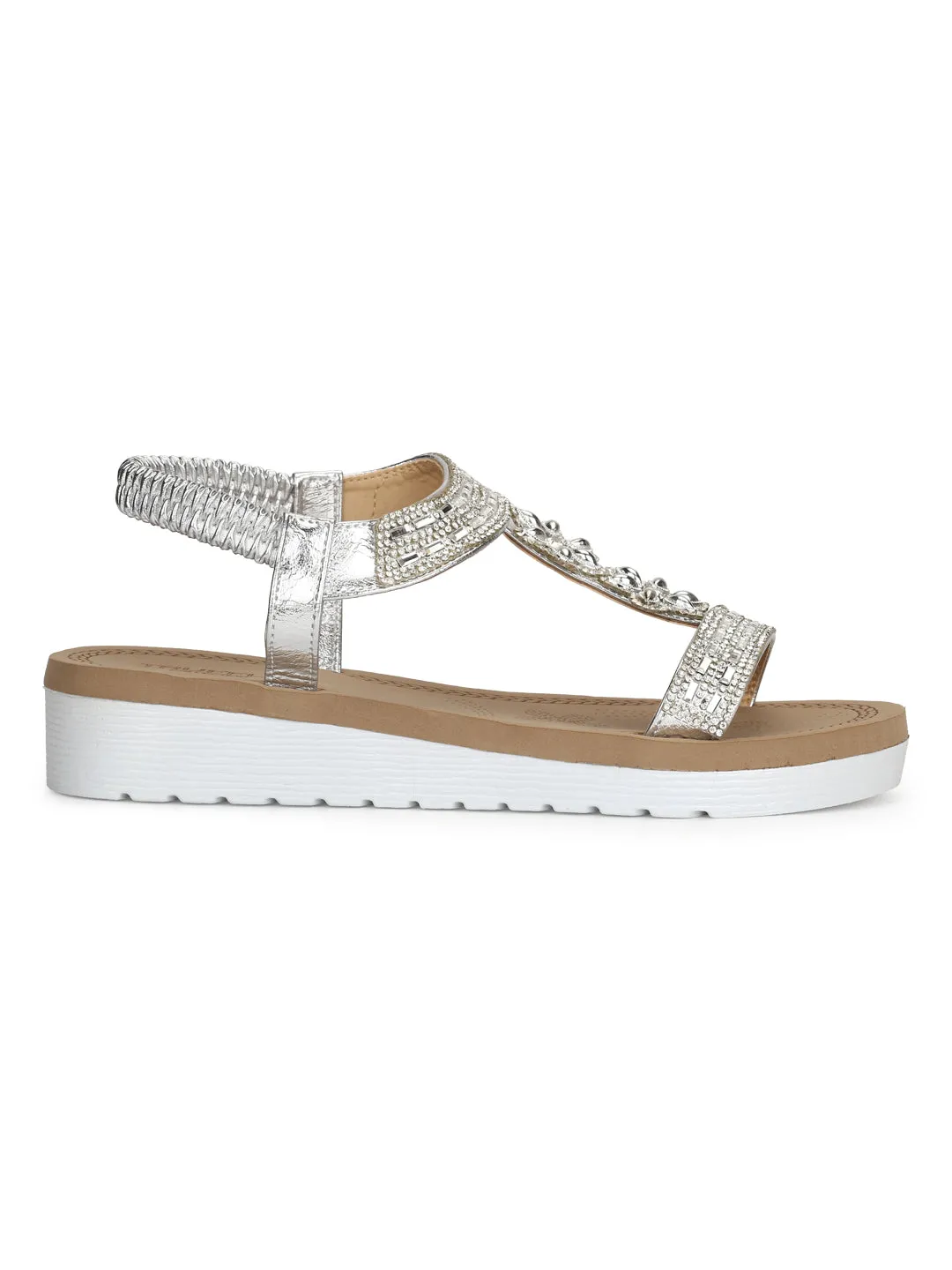 Silberfarbene Metallic-Diamante-Plattform-Slip-On-Sandalen