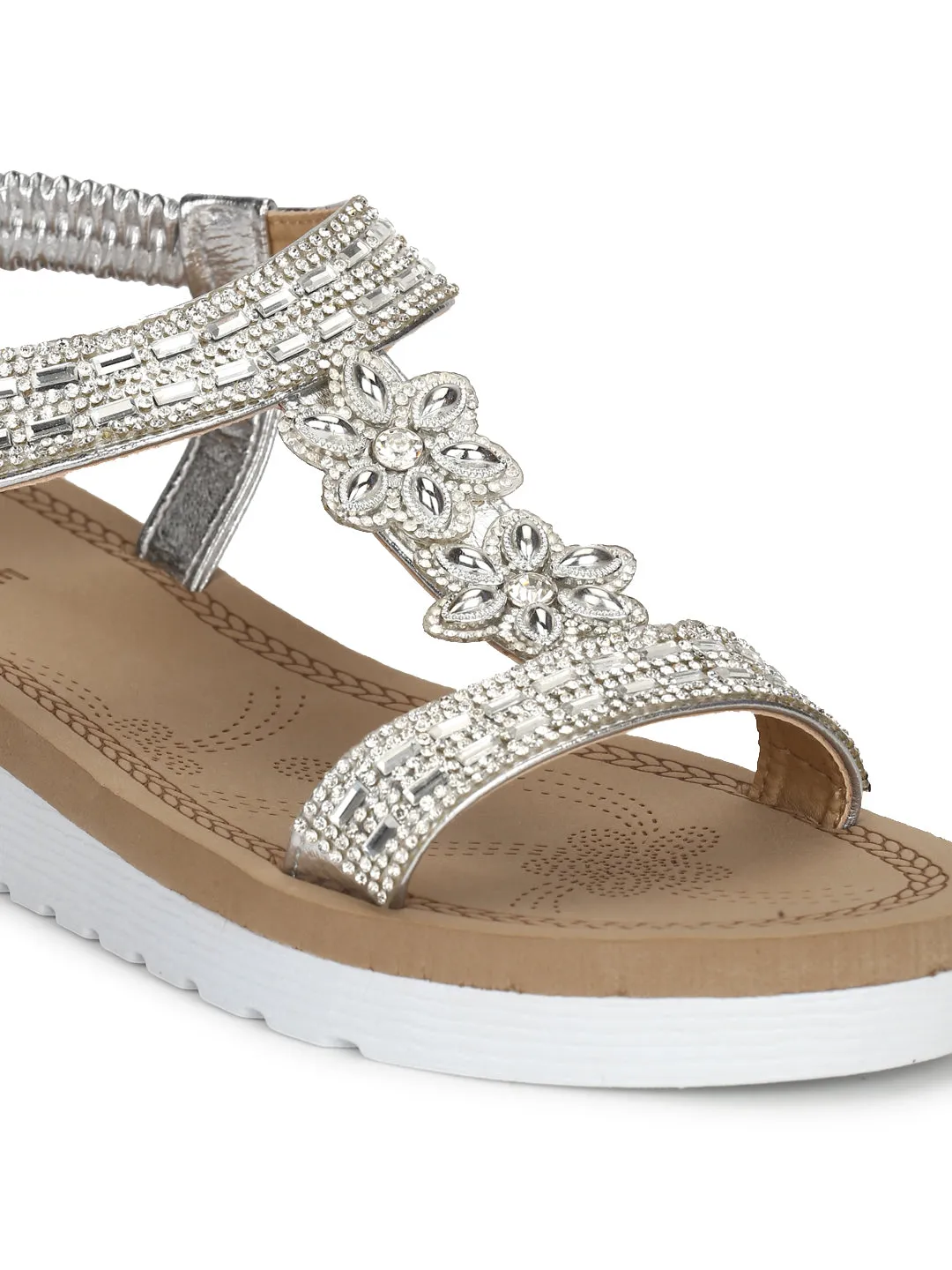Silberfarbene Metallic-Diamante-Plattform-Slip-On-Sandalen