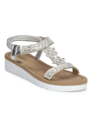 Silberfarbene Metallic-Diamante-Plattform-Slip-On-Sandalen