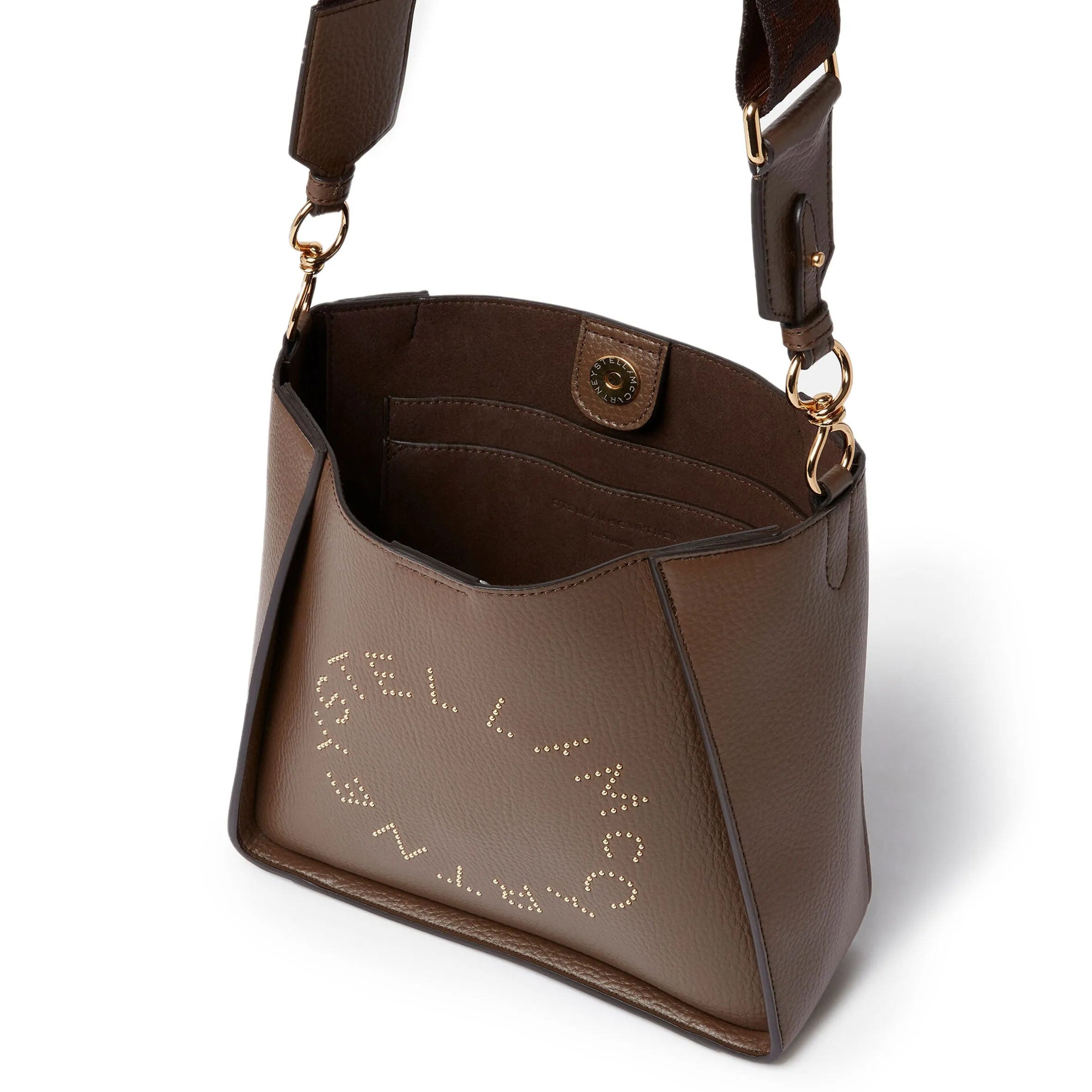 Stella Logo Mini Umhängetasche Hobo mit Prägestruktur und Nieten, Braune Taschen_Stella Mccartney_Taschen