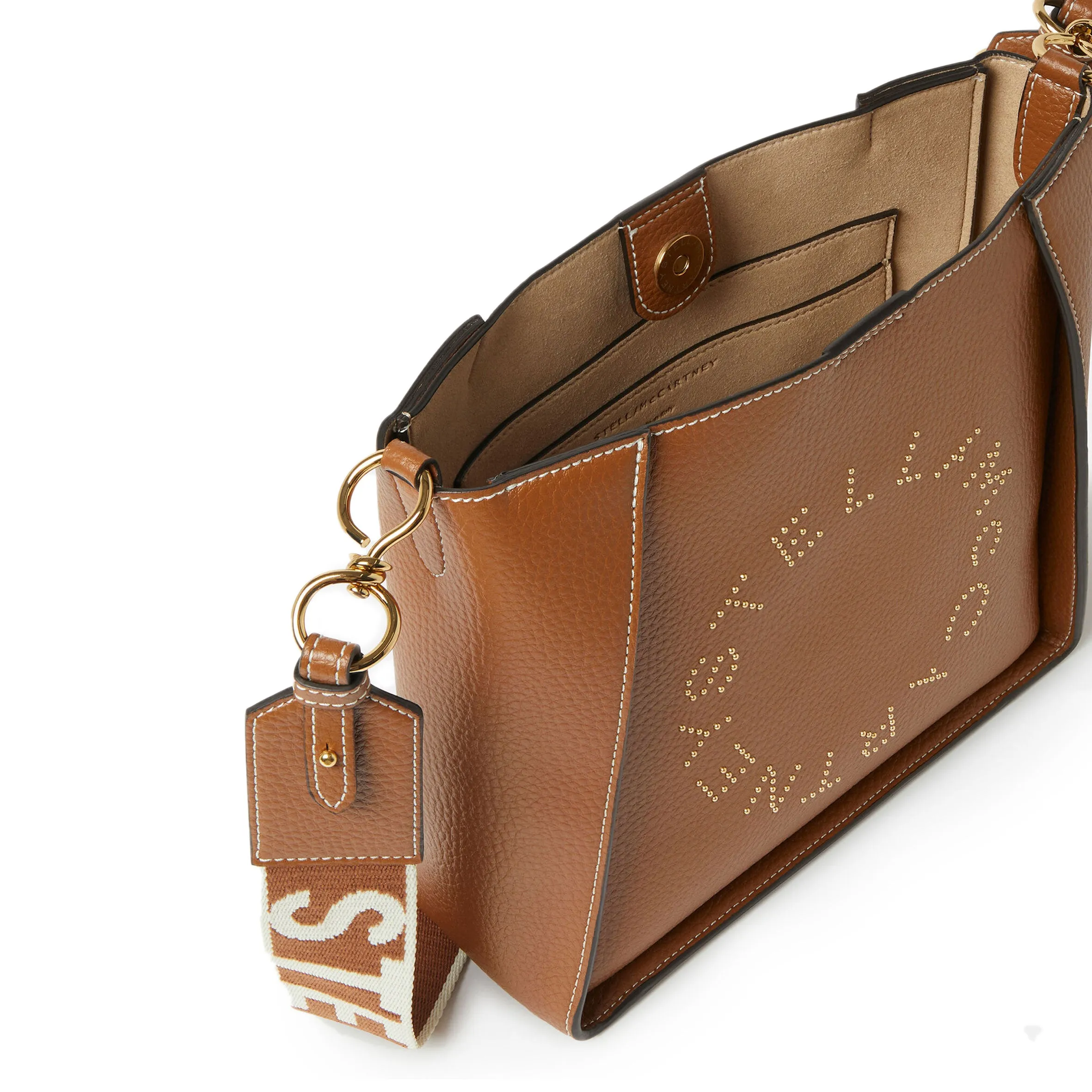 Stella Logo Mini Umhängetasche Hobo mit Prägestruktur und Nieten, Pekannuss Taschen_Stella McCartney_Taschen