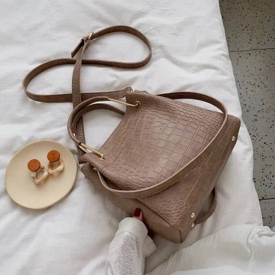 Steinmuster PU-Leder Eimerhandtaschen für Damen 2020 Kleine Schulter Messenger Tasche Damen Mode Handtaschen Luxus Tragetaschen Fashion Nova Taschen