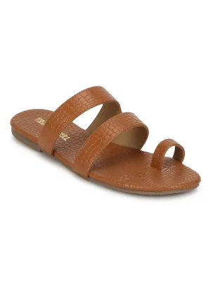 Braune Croc-PU Flache Schlupf-Sandalen