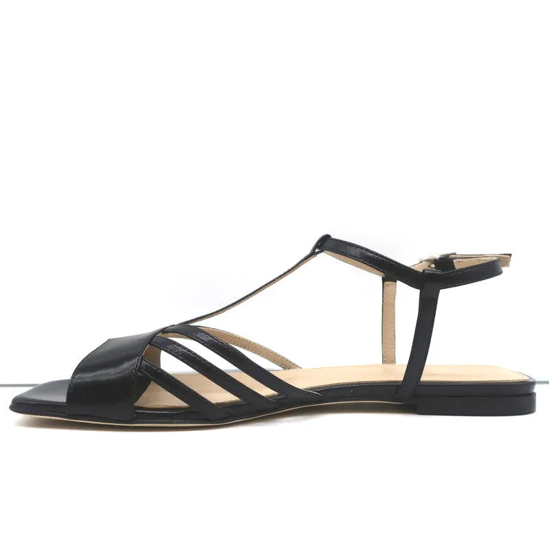 Theory V-Riemchen Sandalen Schwarz Leder Größe 38.5 Slingback Flats NEU